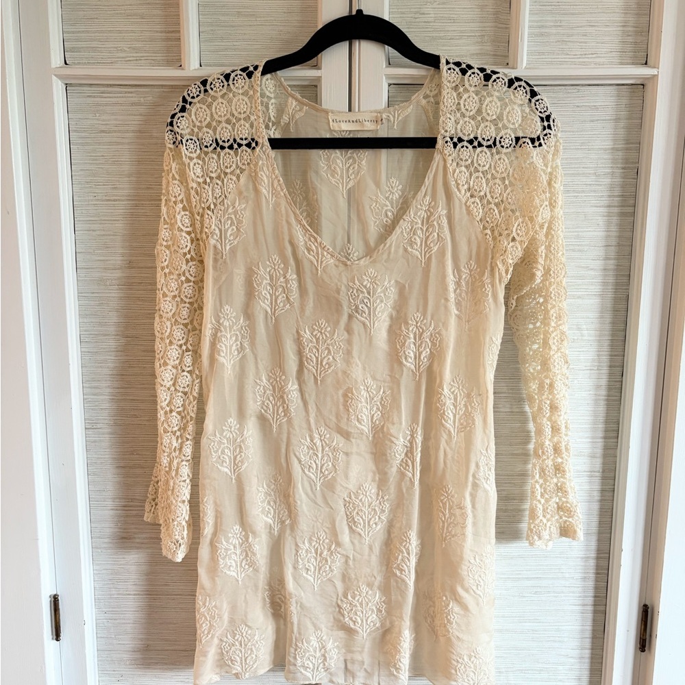 Cream Embroidered Long Sleeve Silk Top